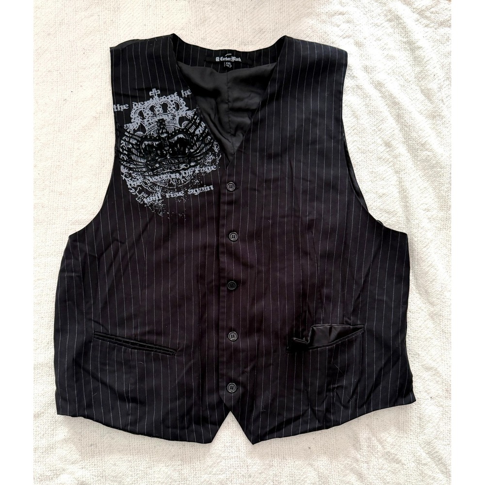 Carbon Black Mens XXL Black Pinstripe Button Front Vest Crown Graphic Biker Goth